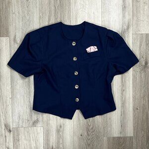Vintage 80s Navy Puff Sleeve Pocket Square Blazer Blouse M